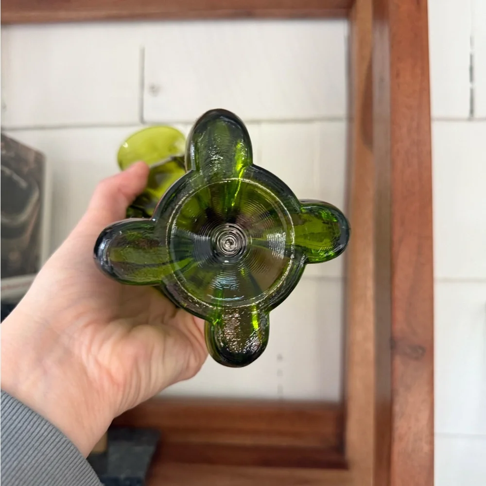 mid-century Viking glass avocado, green swung glass vase for toe foot pedestal
